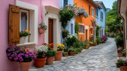 Naklejka premium Vibrant mediterranean alley with colorful houses