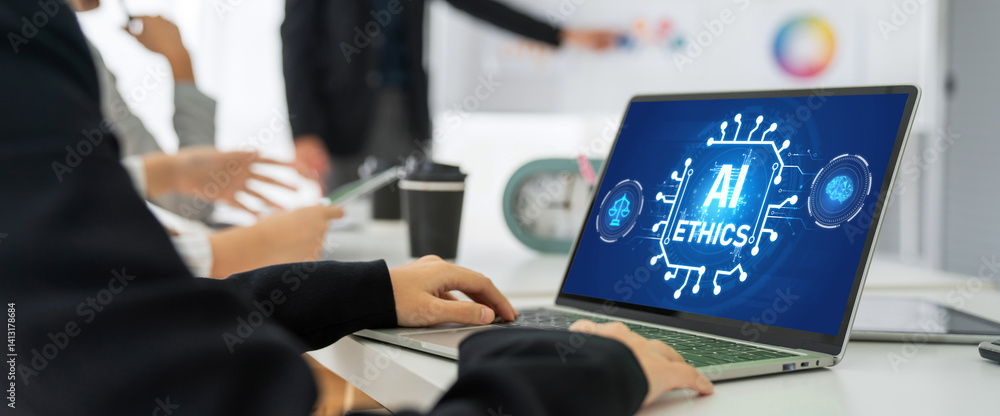 Poster ai ethics responsibility standard law and rules on computer screen provide report of ai ethic transp