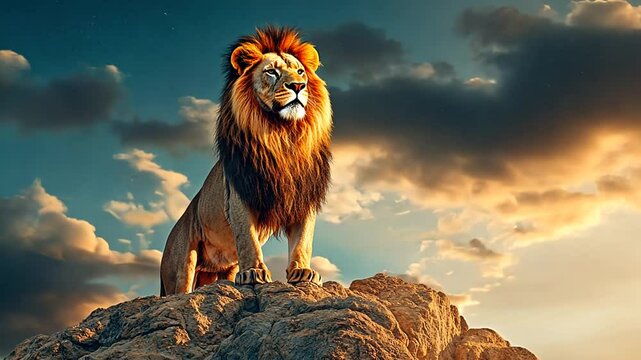 Majestic lion atop rocky peak surveys vast, cloud-strewn horizon at sunset, showcasing dominance