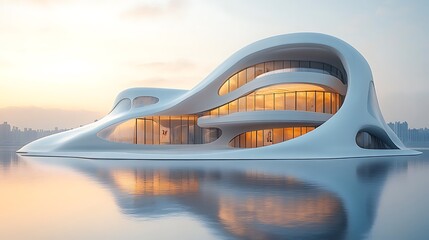 Fototapeta premium Futuristic Architecture Modern Building Reflection Serene Water Photo At Sunset