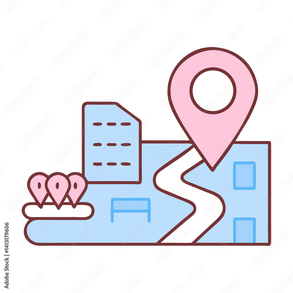 Poster urban running route icon with map markers and buildings