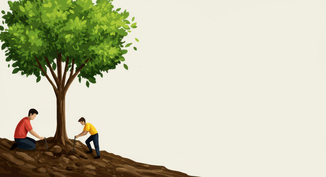 Two men planting a tree on a hill. Environment conservation, tree planting initiative. Arbor Day celebration illustration for eco friendly campaign, nature project.