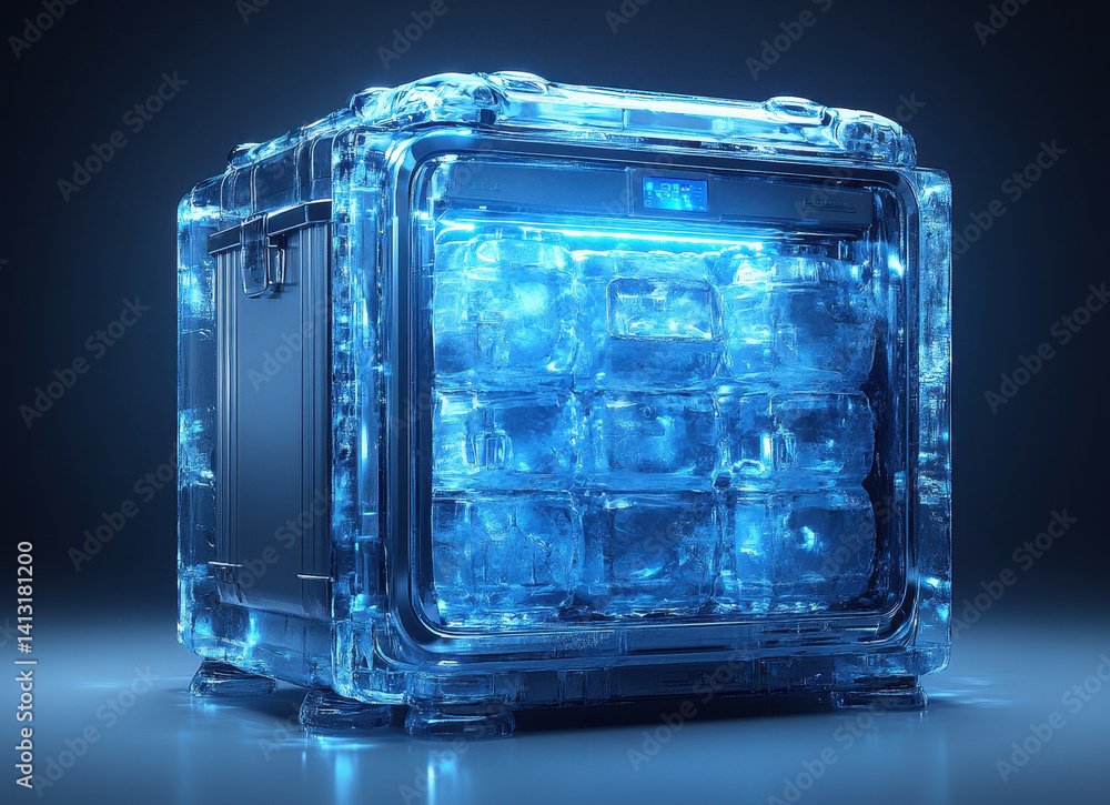 Poster futuristic transparent cube with blue led light and ice blocks inside showcasing advanced technology