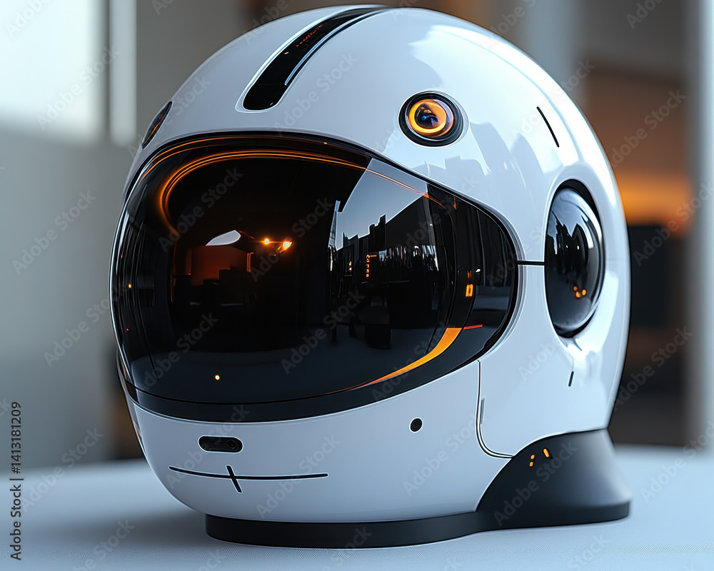 Poster futuristic white helmet with advanced visor and circuitry in modern setting reflecting technology in