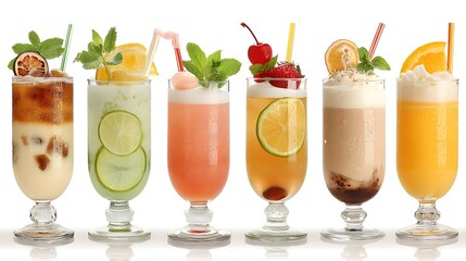 Assorted Colorful Refreshing Iced Drinks in Glasses on White Background