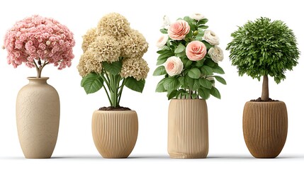 Four Potted Plants with Wooden Planters on White Background
