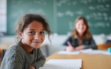 child student sitting at school desk writing in notebook with teacher in background classroom education setting with blackboard and math formulas focused learning environment academic children study