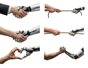 Human hand and robotic hand, handshake, arm wrestling, heart and tug of war