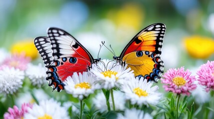 Two vibrant butterflies on a cluster of flowers.  A beautiful display of nature's artistry