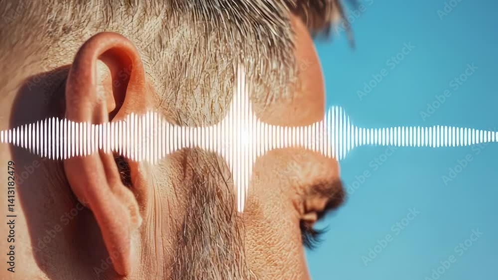 Poster Sound waves entering human ear canal, revealing intricate auditory perception process and complex inner workings of hearing mechanism against clean visual background