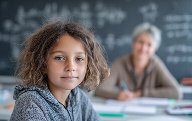 child student sitting at school desk writing in notebook with teacher in background classroom education setting with blackboard and math formulas focused learning environment academic children study
