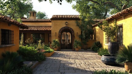 Fototapeta premium Mediterranean villa exterior featuring terracotta roof tiles, stucco walls, and a sun-dappled courtyard. 
