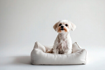 Naklejka na ściany i meble Small white dog sitting in a soft beige pet bed against a minimal light background in studio setting