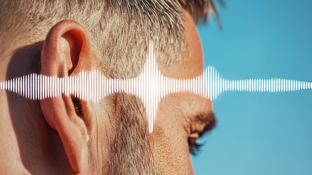 Sound waves entering human ear canal, revealing intricate auditory perception process and complex inner workings of hearing mechanism against clean visual background