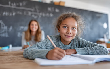 child student sitting at school desk writing in notebook with teacher in background classroom education setting with blackboard and math formulas focused learning environment academic children study