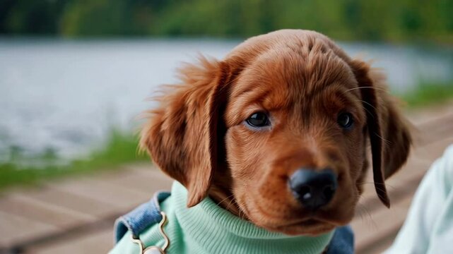 Adorable irish setter puppy posing near lake