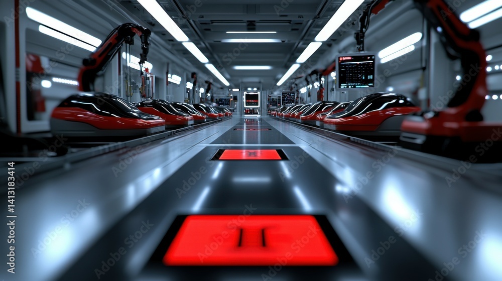 Poster fully automated factory floor with synchronized robotic arms.