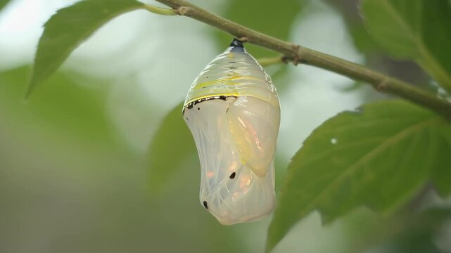 Translucent pupa hangs from tree branch, awaiting transformation into a butterfly within a vibrant green natural setting.