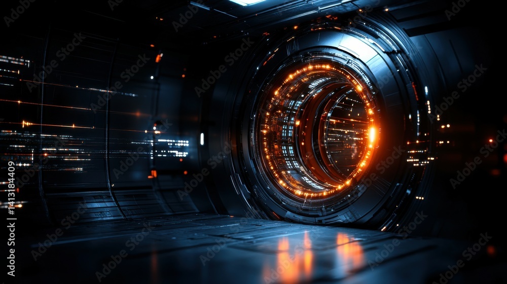 Poster futuristic space station with glowing energy fields in deep space.