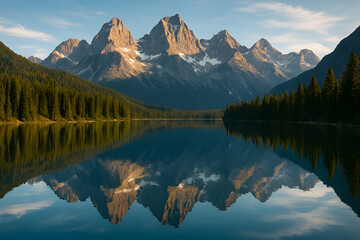 Mountain range reflecting in calm lake surrounded by pine trees on a sunny day in the wilderness