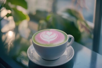 cup of matcha latte with pink foam art on wooden table; concept of cafe, coffee shop, beverage blog