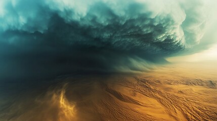 Dramatic desert storm brewing dark clouds gathering over golden sand dunes High fidelity textures of dunes swirling winds high resolution depiction of powerful forces of nature the desert environment