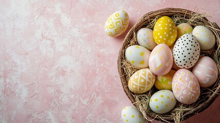Flat lay a rustic basket tipped over spilling out painted Easter eggs in soft spring tones with geometric and dotted designs on a pink textured surface