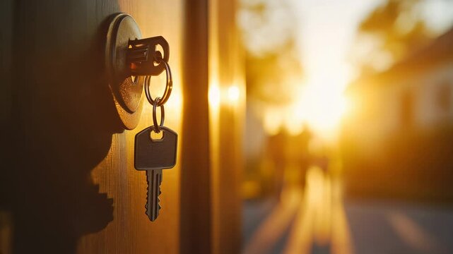 Close up of a house key in a door lock with a blurred family walking in sunlight, symbolizing home ownership and security.