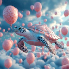 Fototapeta premium Dreamy Flight: A Sea Turtle Soaring Through a Balloon-Filled Sky with Soft Light