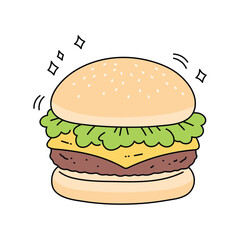 Cheeseburger with lettuce and beef patty. Simple and fun cartoon style. Perfect for food-related designs, menus, fast food ads, or children’s projects. Vector illustration isolated on white.