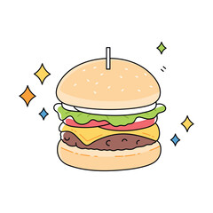 Cheeseburger with lettuce, tomato, onion, and beef patty. Simple and fun cartoon style. Perfect for food-related designs, menus, fast food ads, or children’s projects. Vector illustration on white.