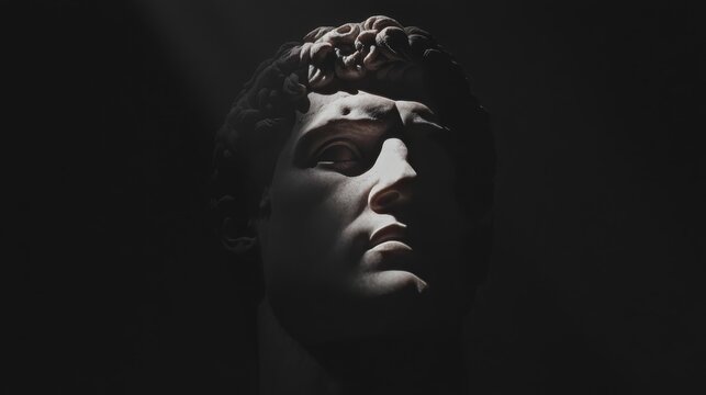 Classical marble sculpture head in dramatic dark lighting on black background.