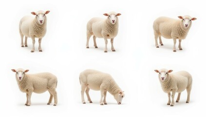 Fototapeta premium Six White Sheep in Various Poses on White Background
