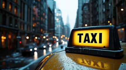 A yellow taxi cab sign illuminates a city street on a rainy evening, waiting for passengers.