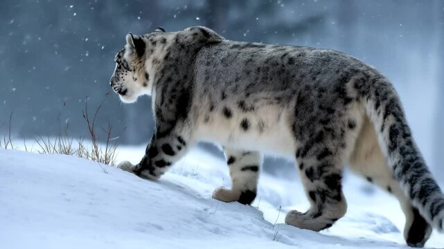 snow leopard walk on snow with rear view