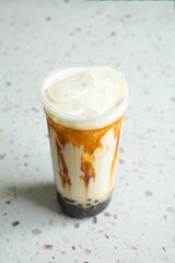 A view of a brown sugar milk tea drink.
