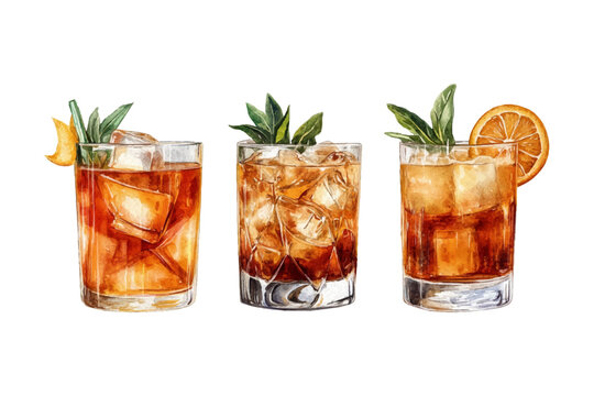 Watercolor illustration of three elegant cocktails with ice and citrus garnish on a white background, perfect for drinks menus.
