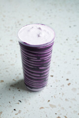 A view of a taro cookies and cream milk tea.