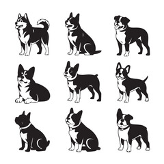 Set of 15 Vector Black Dog Silhouettes for Graphic Use