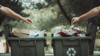 Careful separation of glass plastic and paper waste into recycling bins outdoor environment colorful waste materials soft focus viewpoint for effective recycling awareness