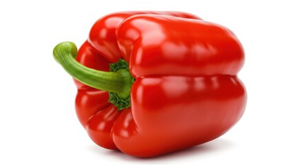 A high-resolution close-up of a vibrant red bell pepper with a glossy skin and fresh green stem highlighting its rich color and smooth texture under studio lighting