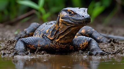 Yellow-spotted monitor lizard in muddy water, jungle background, wildlife documentary