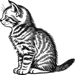Hand-Drawn Illustration of a Cute Sitting Striped Cat in Profile View