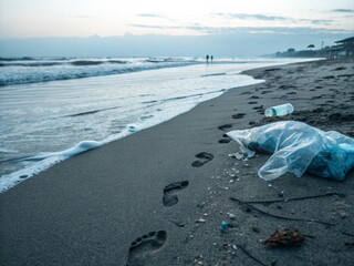 Bare feet leaving deep prints in wet sand next to washed-up plastic waste beach photography somber mood low angle environmental awareness