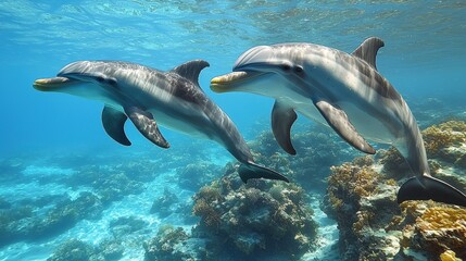 Fototapeta premium Two dolphins swimming gracefully in a clear tropical ocean, surrounded by vibrant coral reefs.