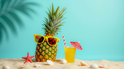 Tropical pineapple wearing sunglasses beside summer drink on sand