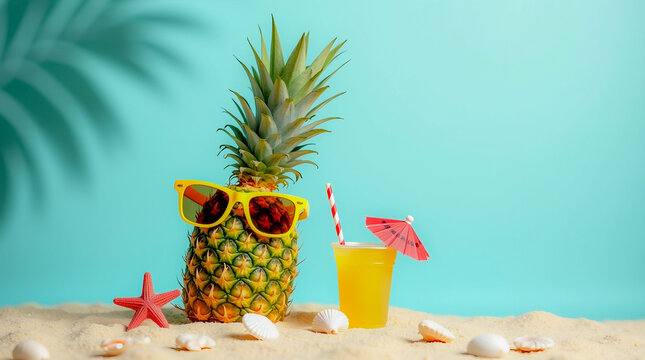 Tropical pineapple wearing sunglasses beside summer drink on sand