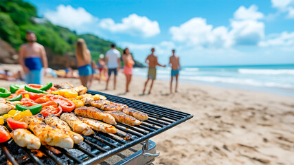 A barbecue grill filled with skewered meat and vegetables is set up on a sunny beach as people gather in the background. Concept of summer fun, group celebration, and outdoor lifestyle.