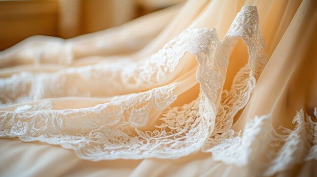 Delicate wedding gown fabric with intricate lace trim.  Soft, flowing, peach-colored fabric draped with decorative white lace