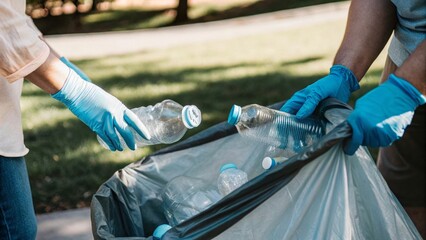 Eco-friendly action hands in gloves picking up trash in a park biodegradable bag and scattered plastic bottles on vibrant green grass